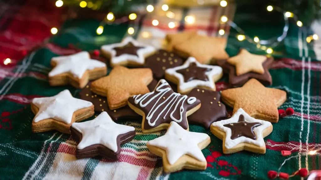 Variety of star cookies with cinnamon, chocolate, and jam fillings.