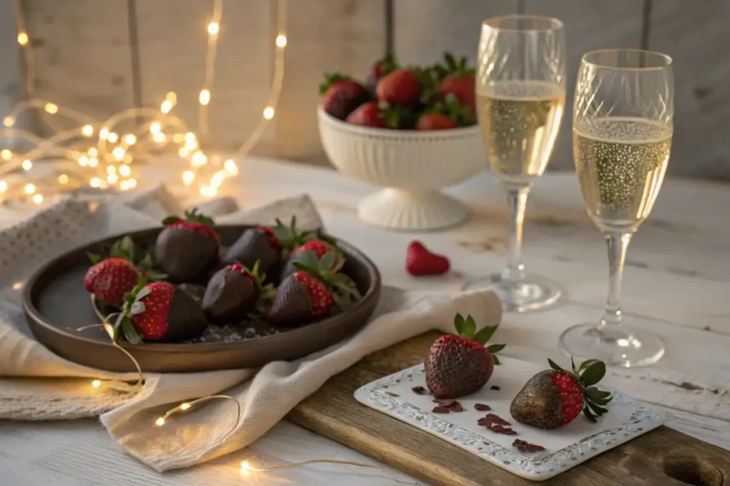 Chocolate-covered strawberries with sparkling wine.