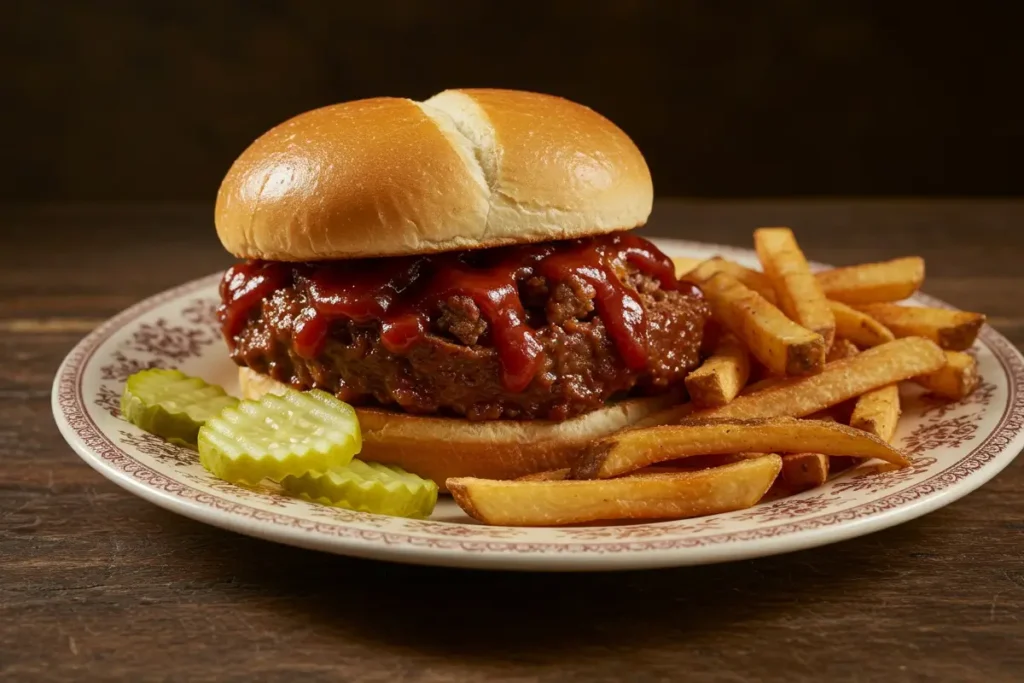 BBQ meatloaf sandwich with pickles and fries.