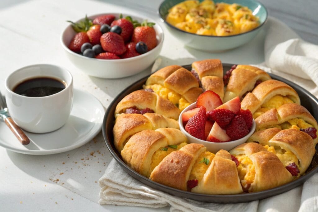 Breakfast pizza crescent rolls served with fresh fruit and coffee.