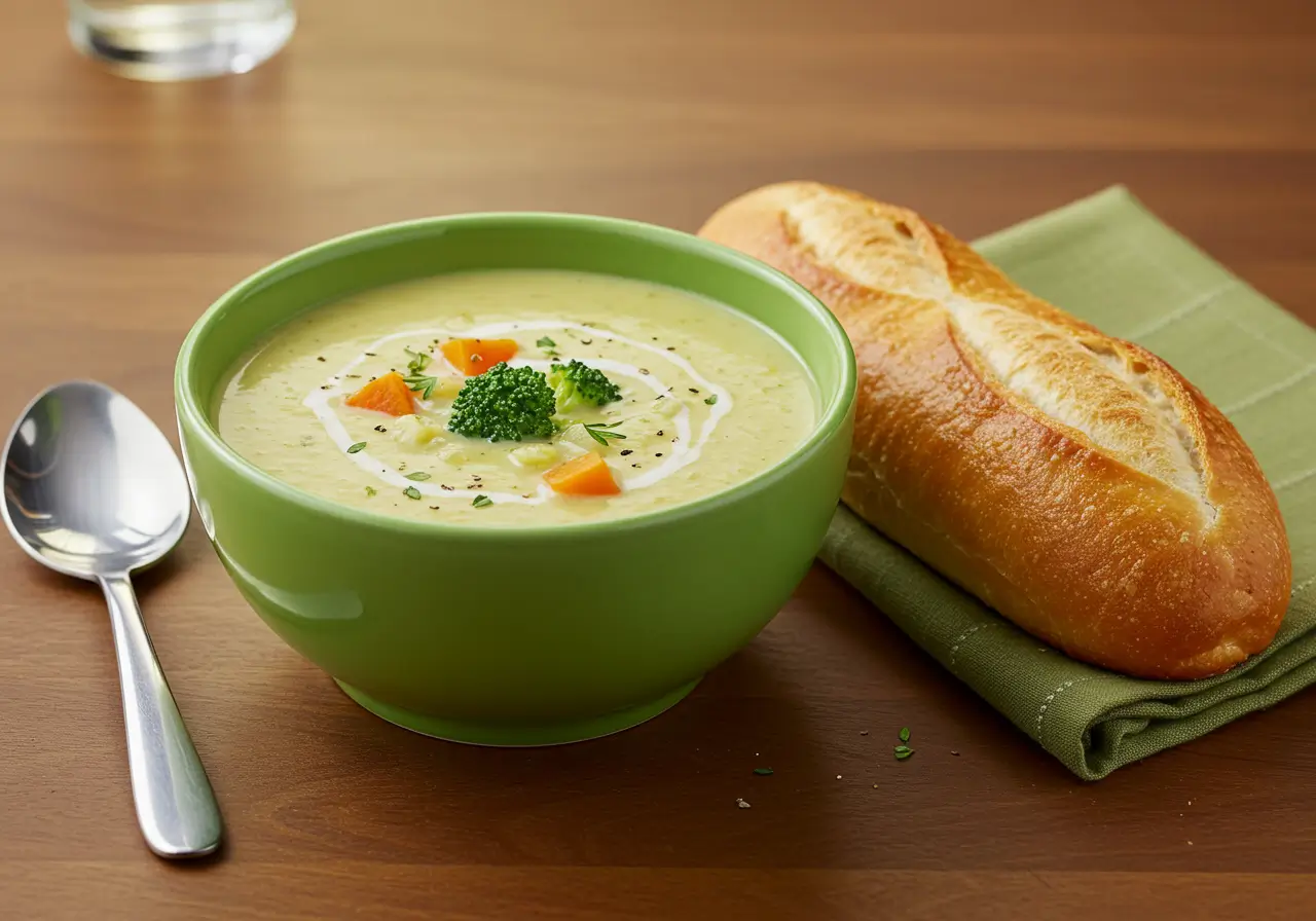 A bowl of Panera Broccoli Cheddar Soup with a baguette