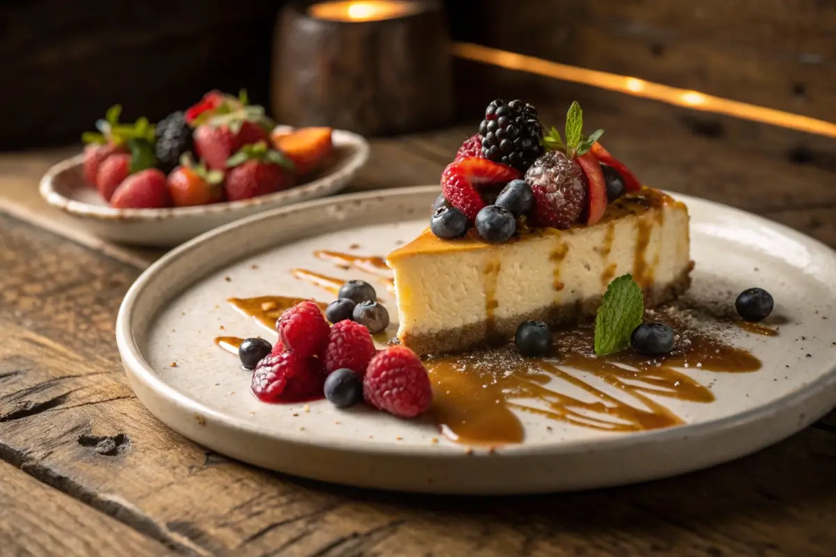 Delicious Chimi Cheesecake garnished with berries