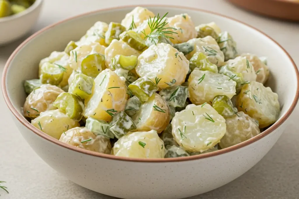 Close-up of creamy dill pickle potato salad with fresh herbs.