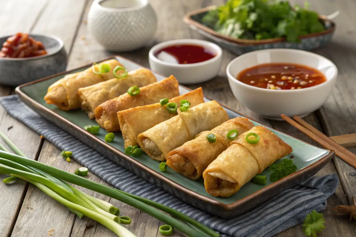 Golden crab rangoon egg rolls with dipping sauces