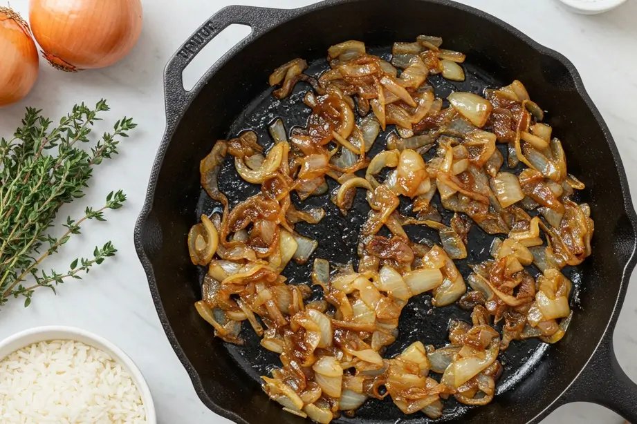 Caramelized onions in a skillet surrounded by French onion soup rice ingredients