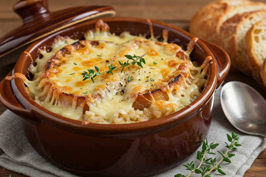 Steaming bowl of French onion soup rice with melted cheese