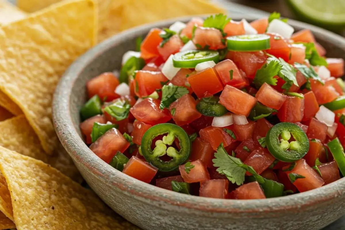 Bowl of Pickle de Gallo with tortilla chips on a wooden table.