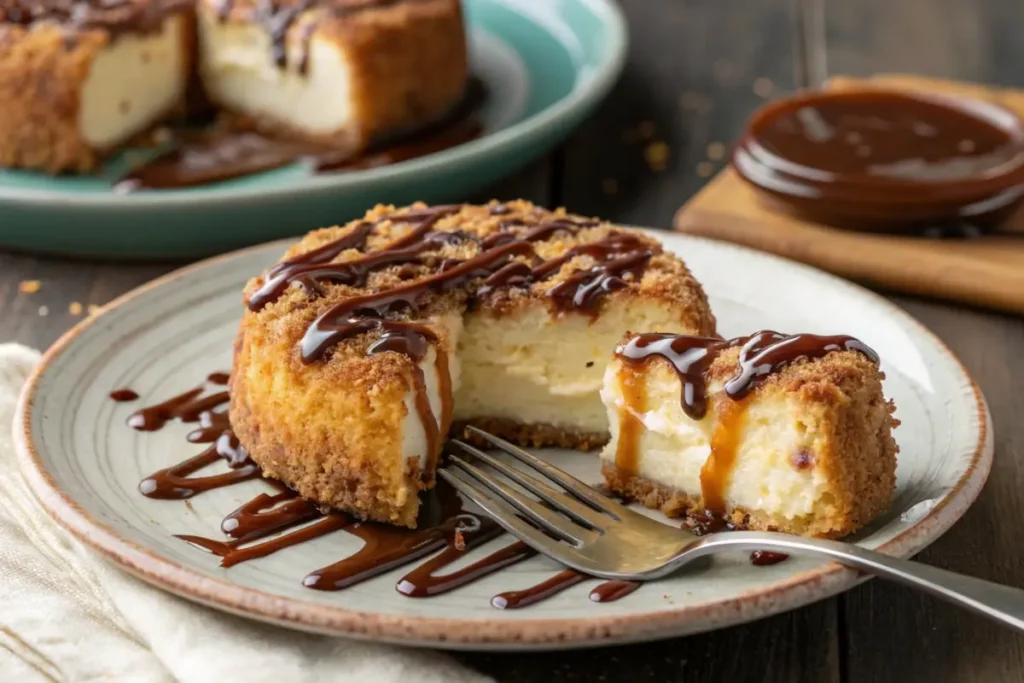 Fried Chimi Cheesecake served with chocolate and caramel.