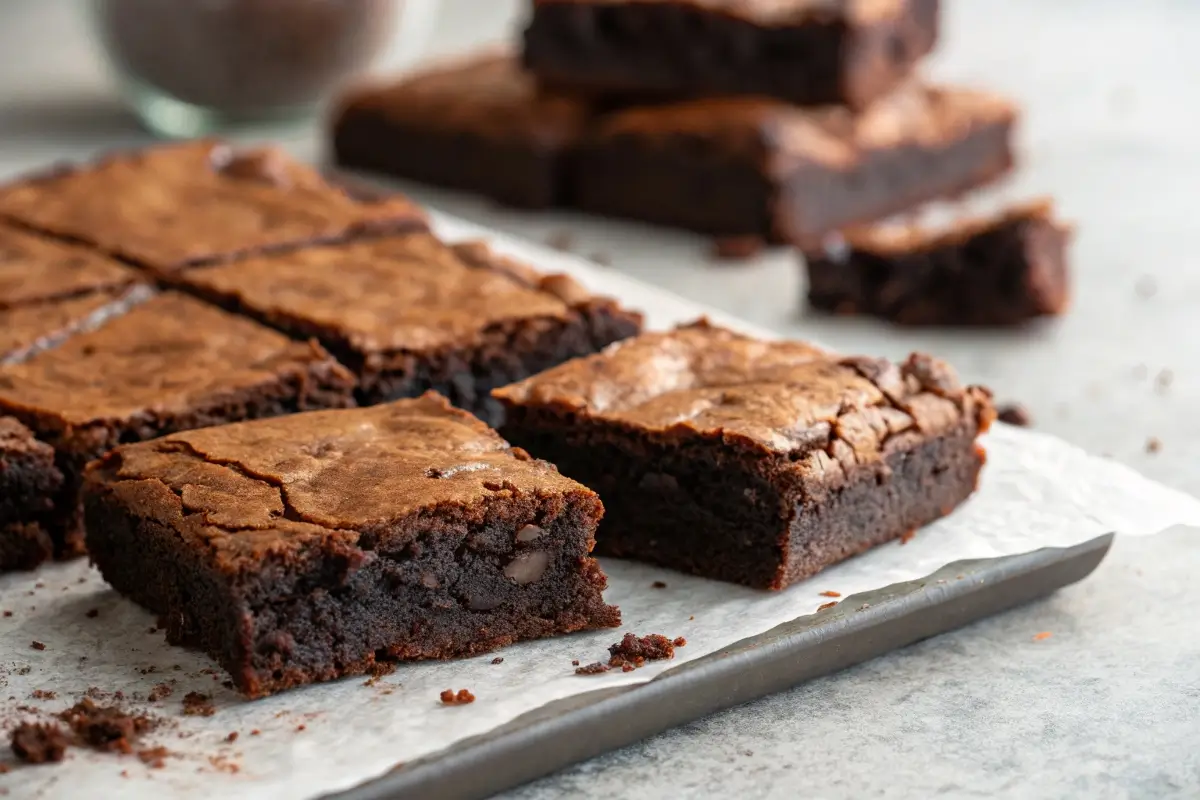 Stack of fudgy sourdough discard brownies on a rustic table.