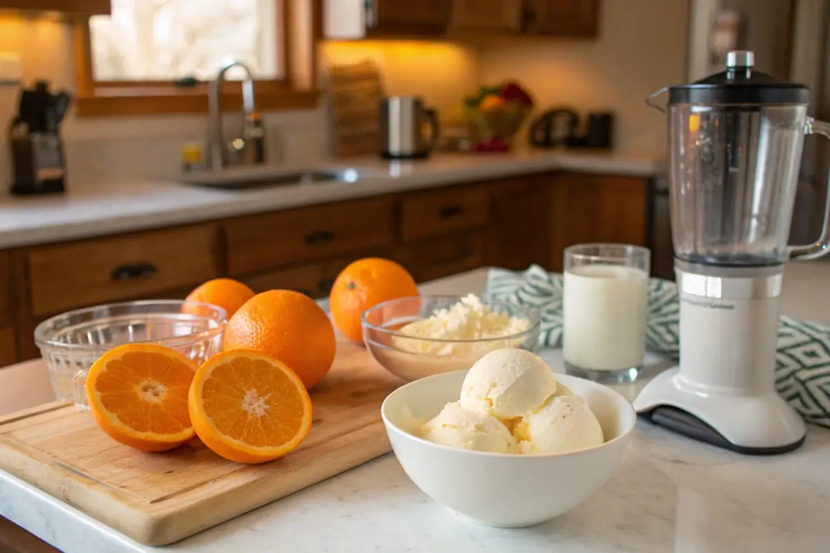 Ingredients for homemade orange sherbet ice cream on a countertop.