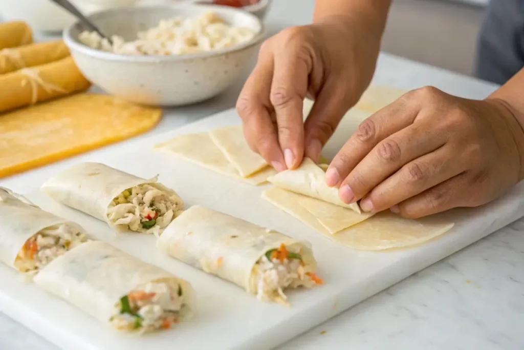 Rolling crab rangoon egg rolls step-by-step