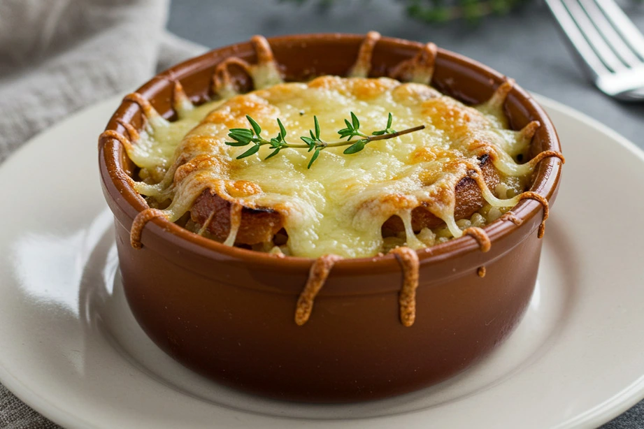 Plated French onion soup rice in a ramekin garnished with thyme