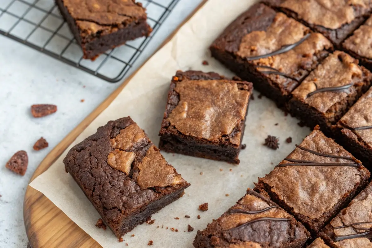 Sliced sourdough discard brownies with a sprinkle of flaky sea salt.