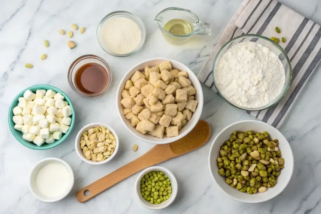 Ingredients for Pistachio Puppy Chow laid out on a marble countertop