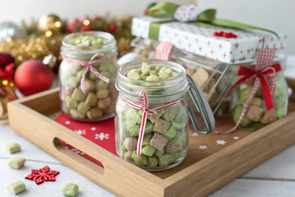 Individual servings of Pistachio Puppy Chow in mason jars with ribbons