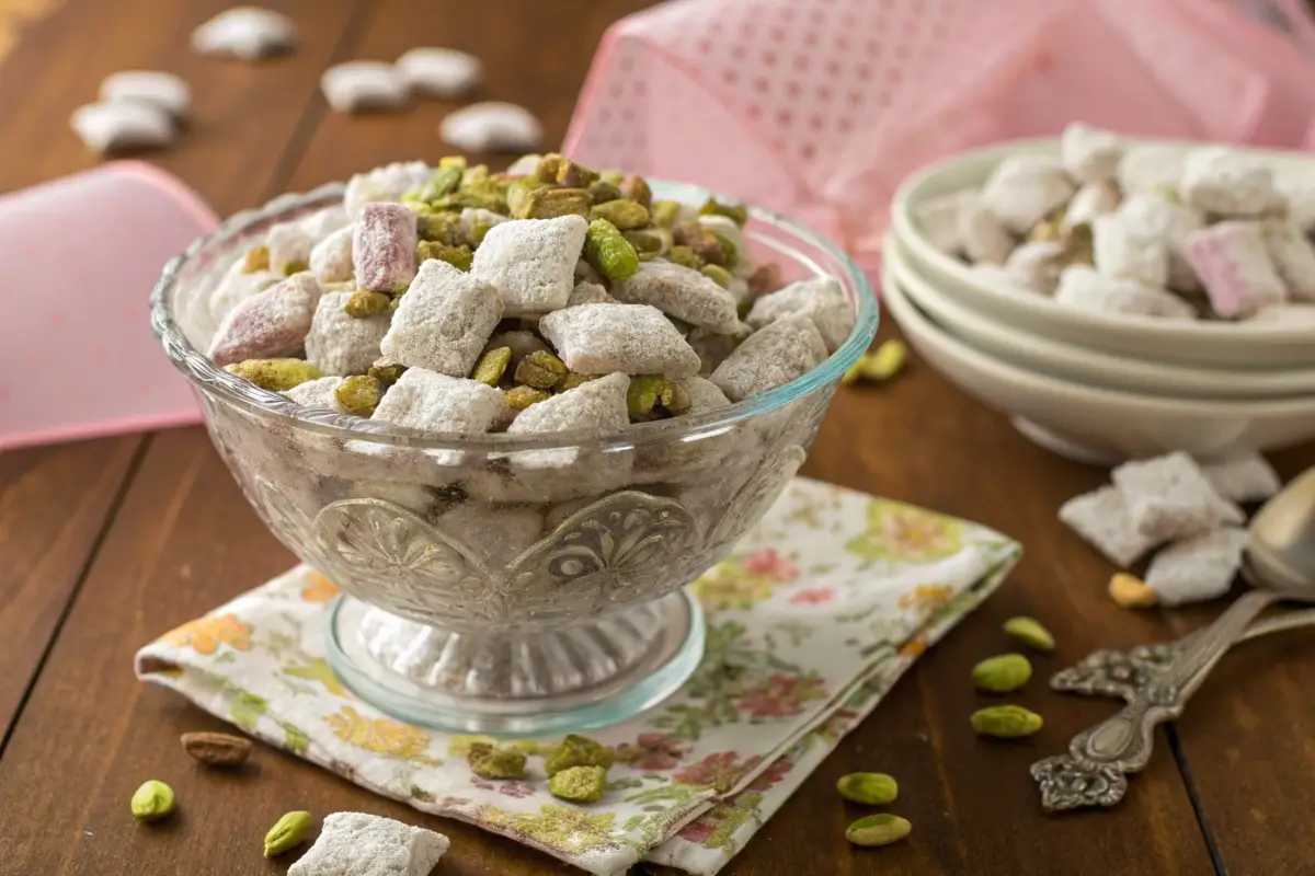 Pistachio Puppy Chow served in a glass bowl with powdered sugar and pistachios