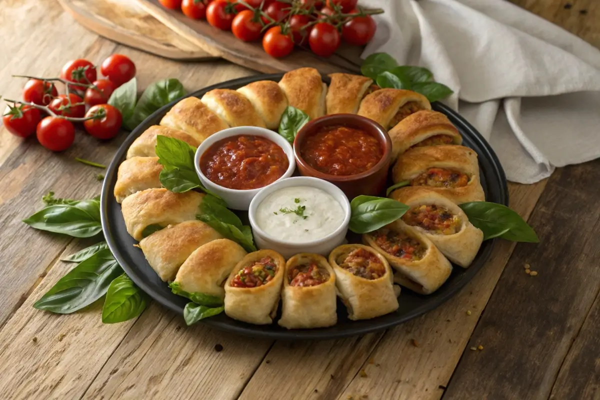 Golden pizza crescent rolls served on a rustic platter with dipping sauces.