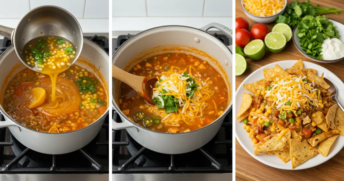 Stages of making taco soup frios recipe