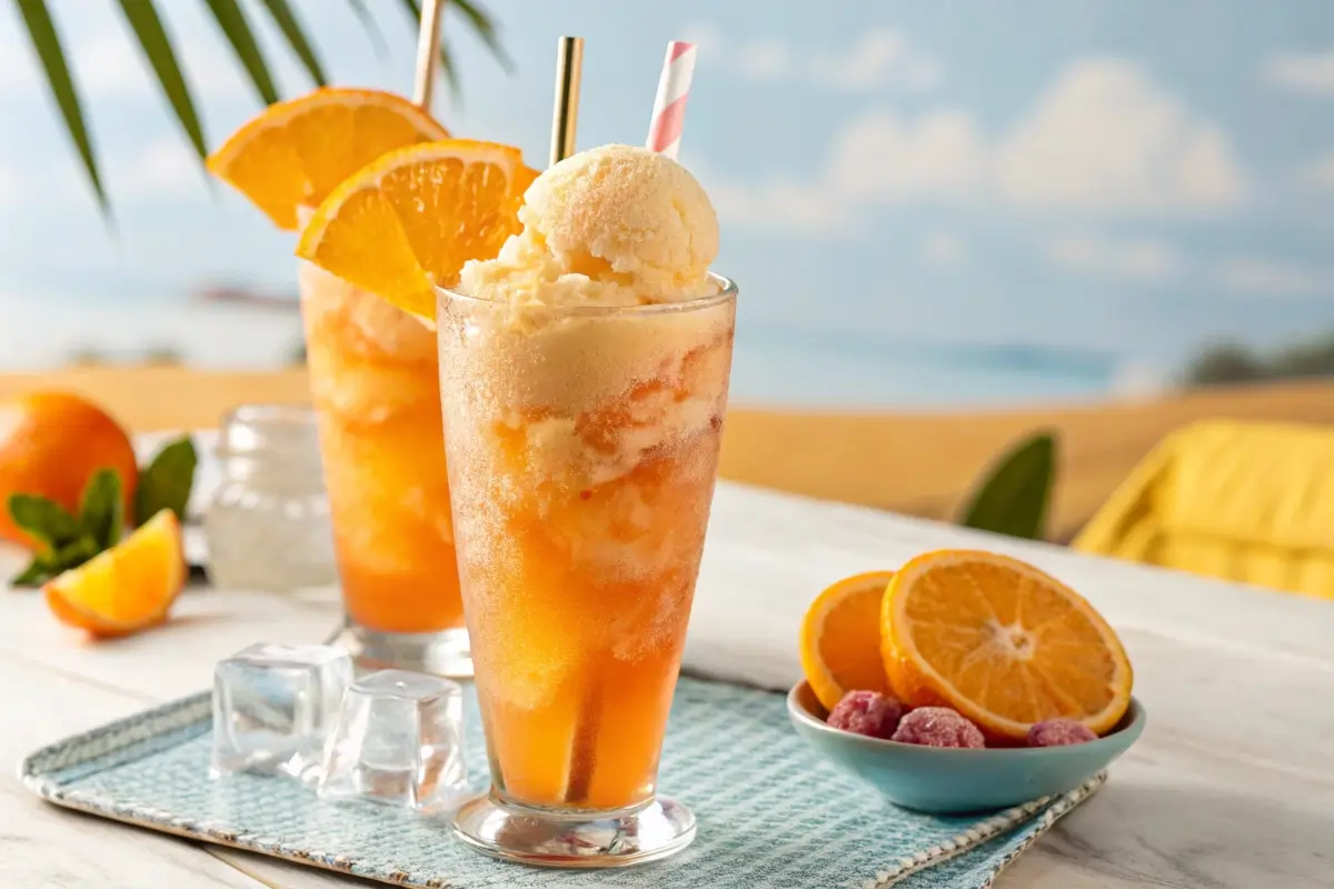 Sherbet float with orange sherbet ice cream and soda in a tall glass.