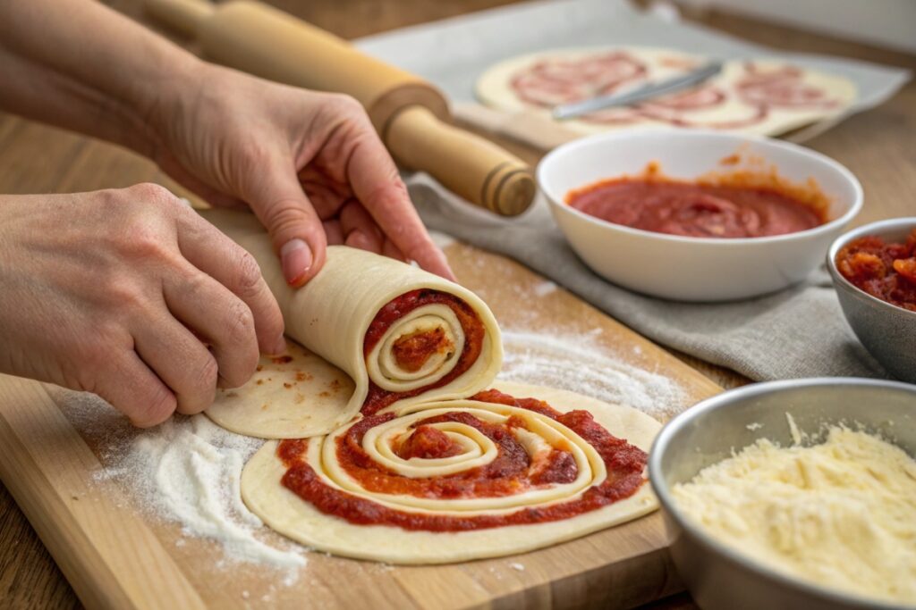 Hands rolling pizza crescent dough with cheese and pepperoni filling.