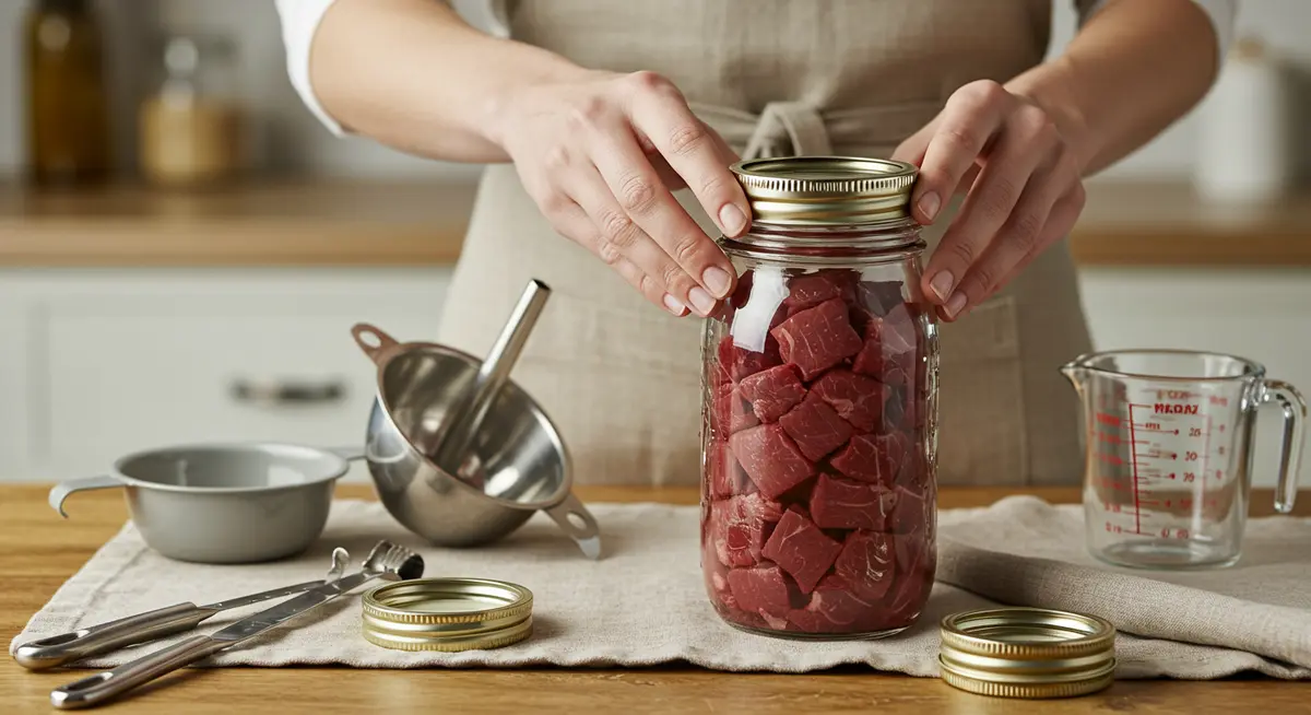 Sealing a jar of raw venison during the canning process