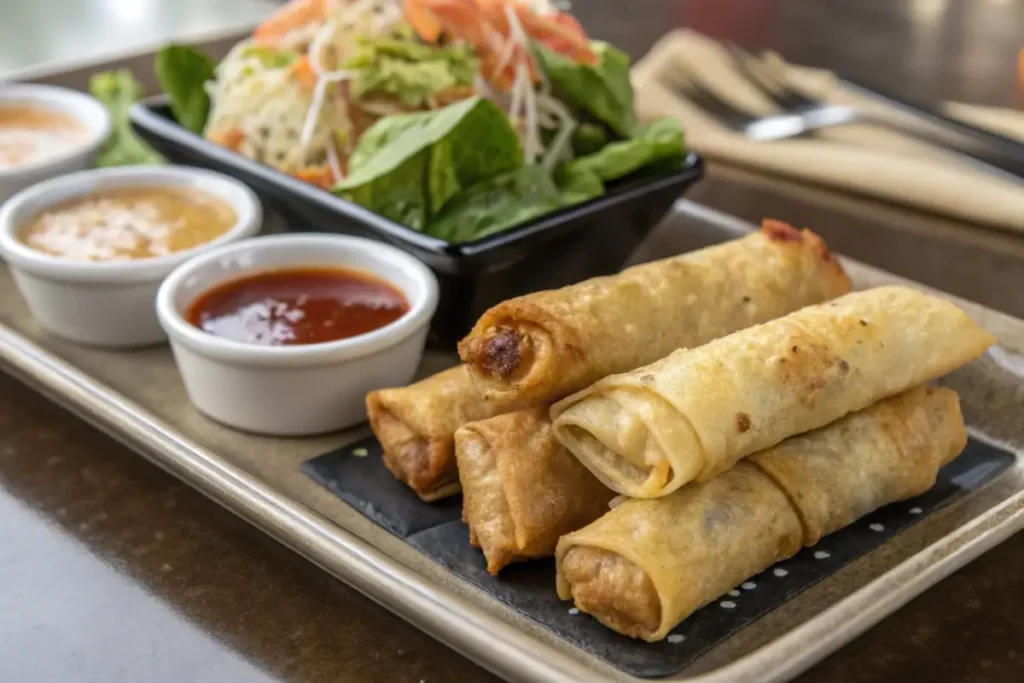 Mini and jumbo crab rangoon egg rolls on a tray