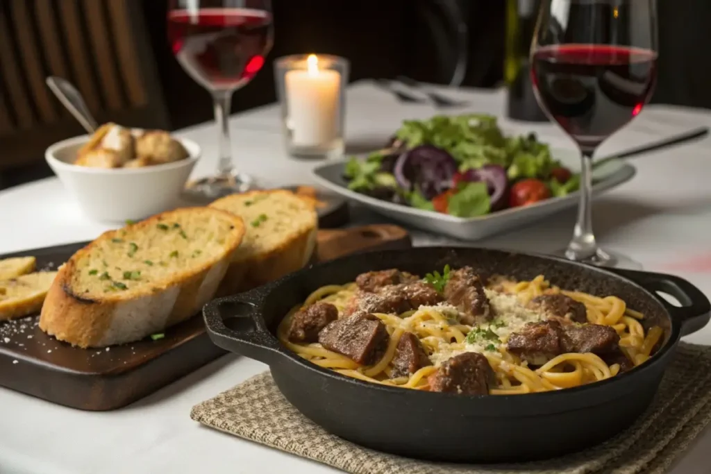 Steak and cheese pasta served in a skillet with garlic bread and salad