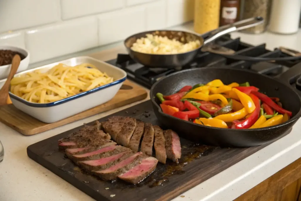 Cooking steak and cheese pasta with ingredients on a kitchen counter