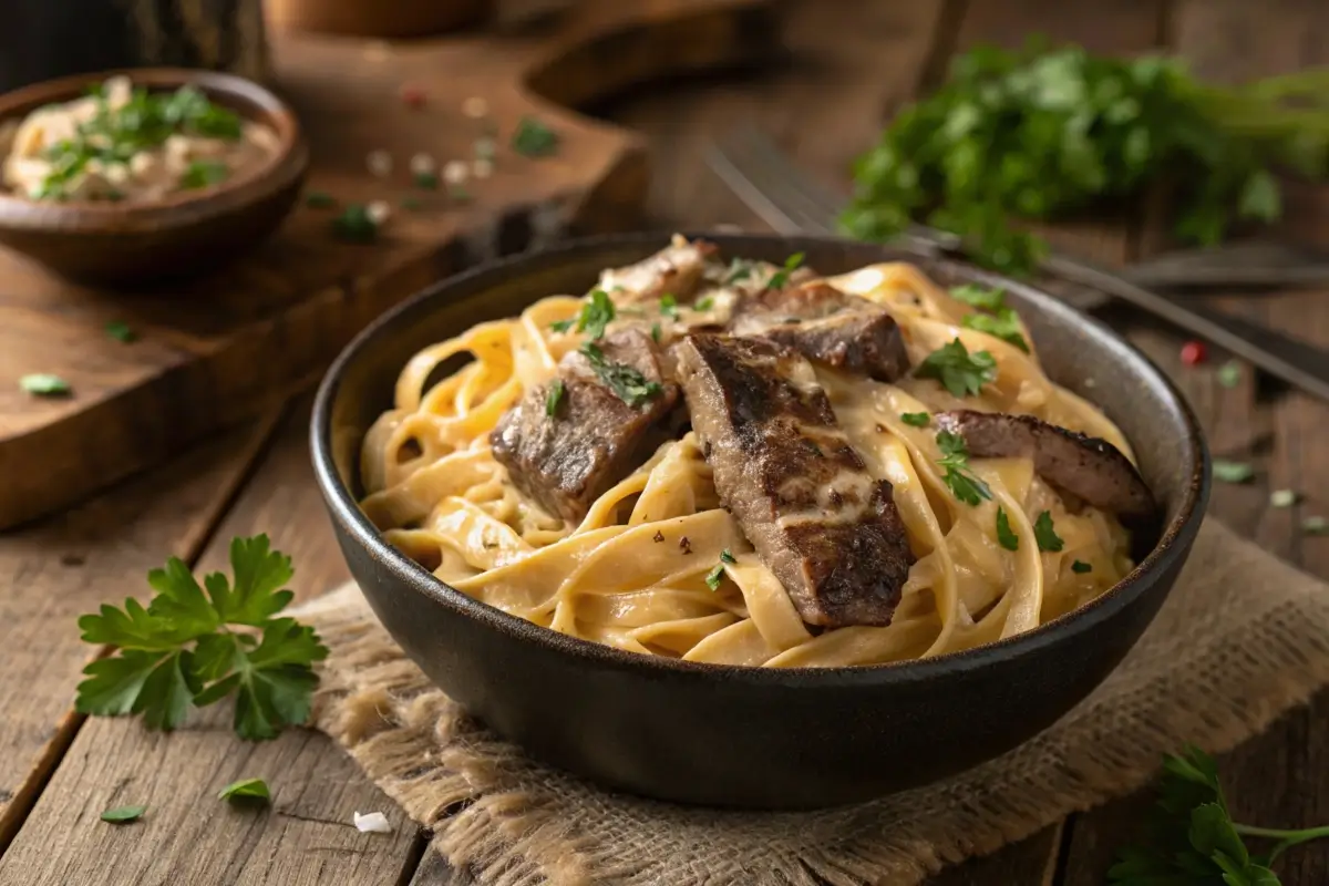 Steak and cheese pasta in a bowl with steak slices and parsley