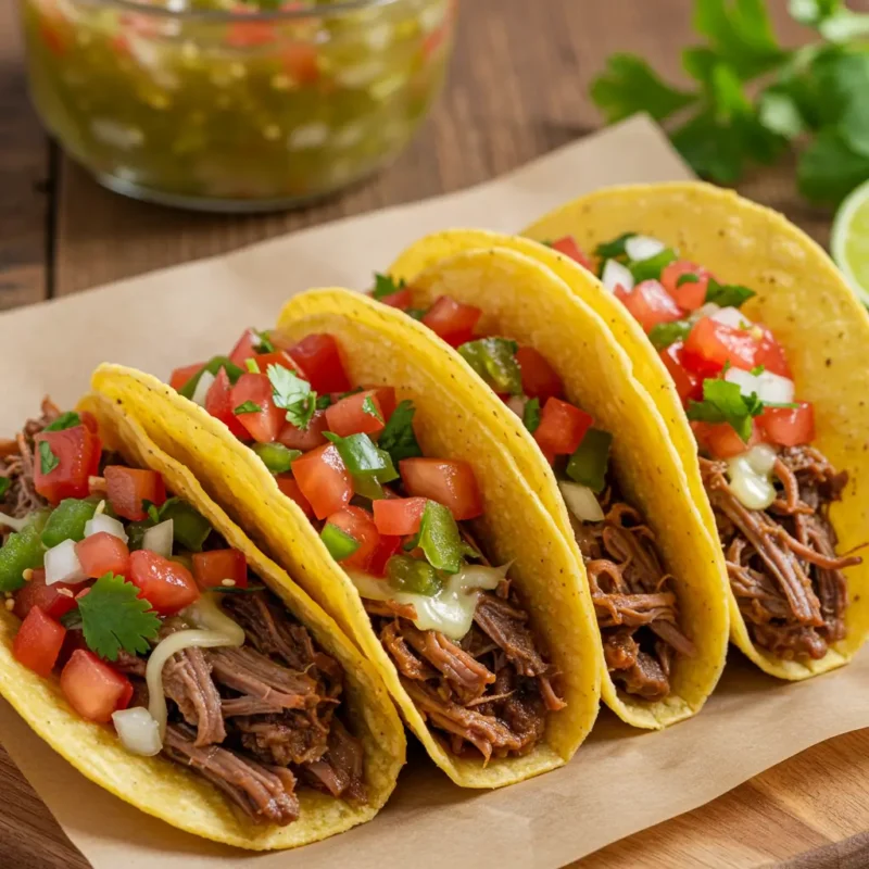 Tacos topped with Pickle de Gallo and fresh greens.