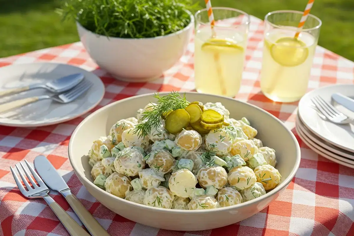 Dill pickle potato salad in a bowl on a picnic table.