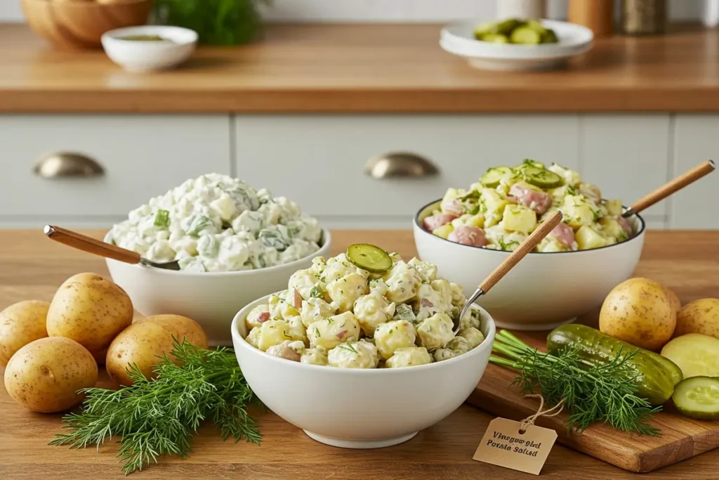 Three variations of dill pickle potato salad on a kitchen table.