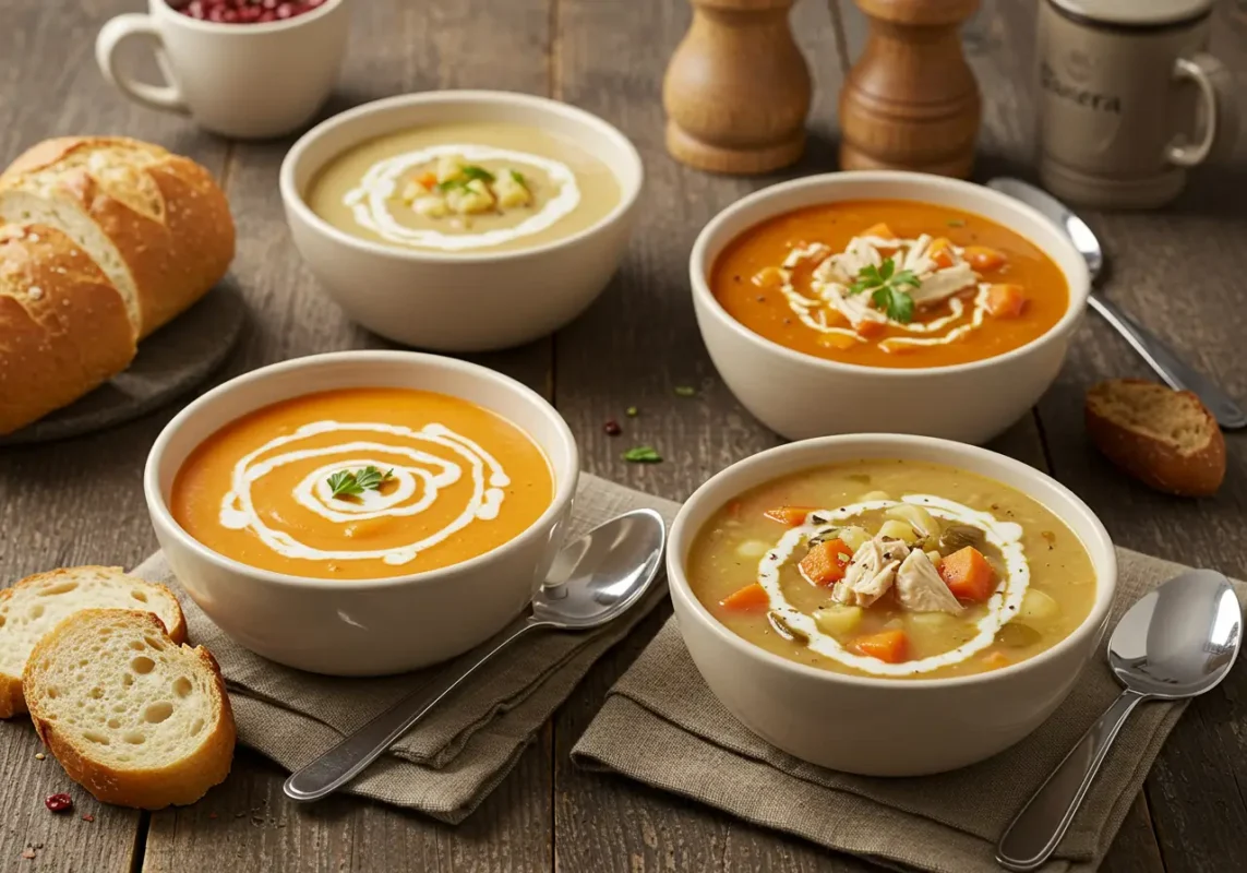 A variety of Panera soups with bread sides on a wooden table