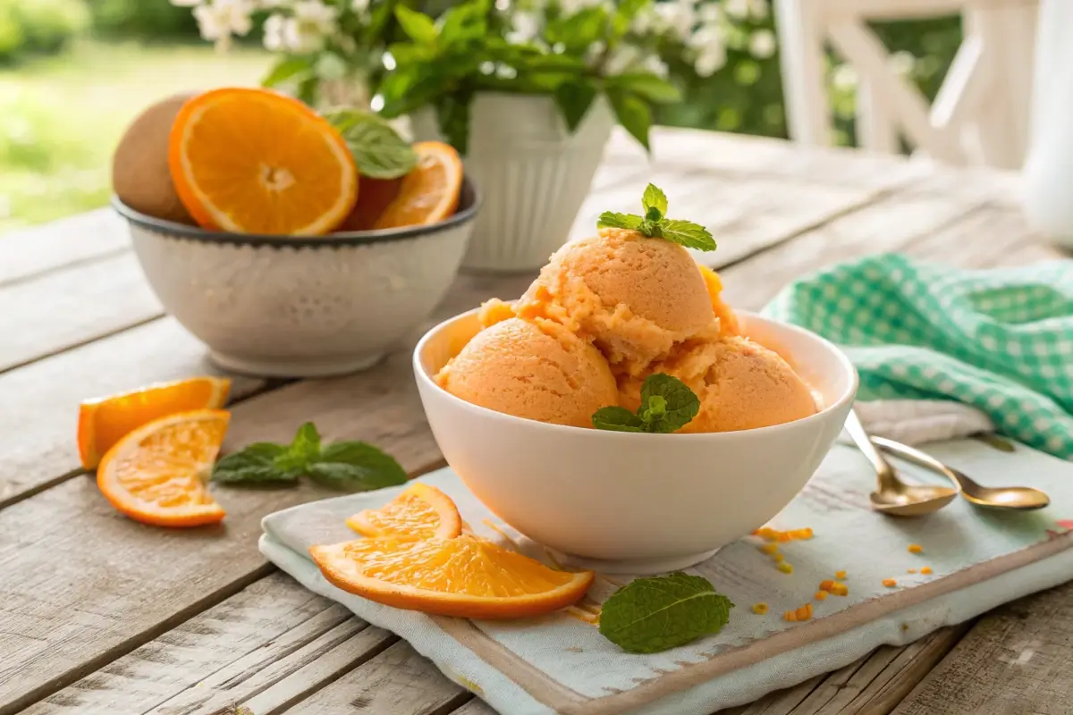 Bowl of creamy orange sherbet ice cream garnished with fresh orange slices.