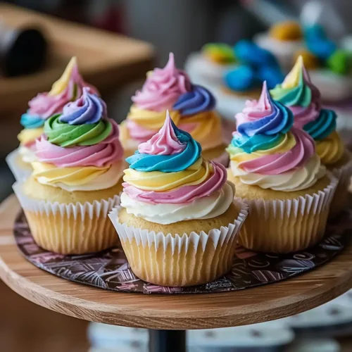Finished ice cream cupcakes decorated with frosting and sprinkles.