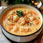 Creamy crab and shrimp seafood bisque in a white bowl, garnished with parsley and shrimp, on a wooden table with a napkin and spoon.